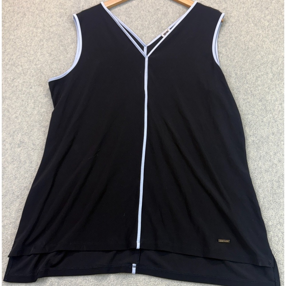 Anne Klein Womens Sleeveless V-Neck Top Black White Contrast Piping Modern XL
